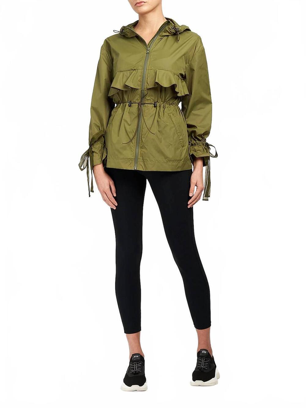 NEW MARCHESA ATHLEISURE mecoly hooded ruffle rain jacket in olive